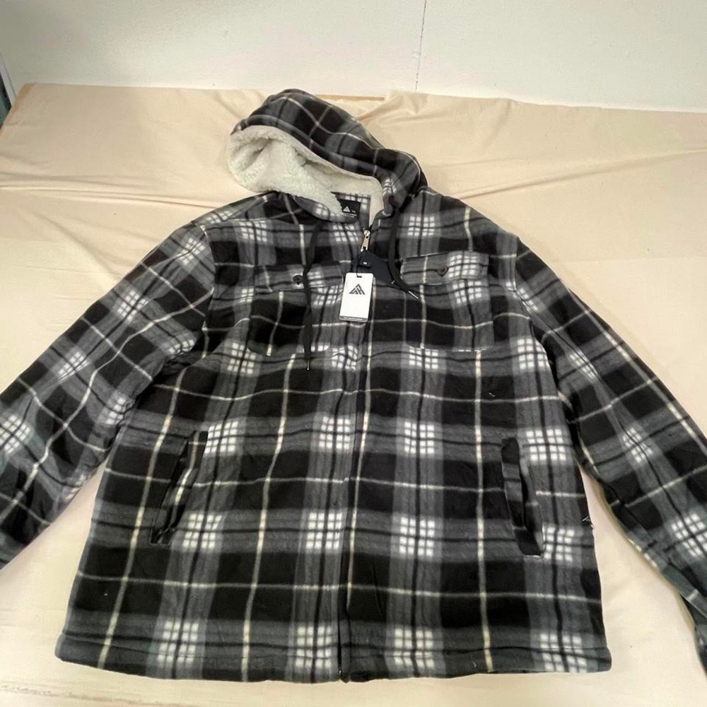 Black and gray plaid sherpa-lined hooded jacket